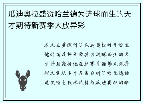 瓜迪奥拉盛赞哈兰德为进球而生的天才期待新赛季大放异彩 瓜迪奥拉盛赞哈兰德为进球而生的天才期待新赛季大放异彩